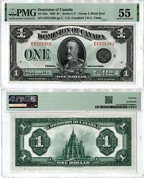 Канада 1 доллар 1923 в слабе компаии - PMG. Грейд 55 - About Uncirculated, Георг V. Библиотека парламента, Оттава Pick 33, DC - 25 o бумага aUNC 452-1-187