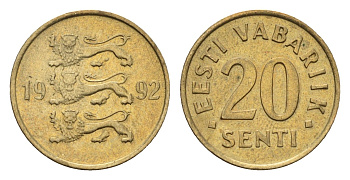 Эстония 20 сентов 1992 KM 23 латунь UNC 4689-658