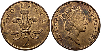 Великобритания 2 пенса 1989 Елизавета II (1952-2022) KM 936, Spink 4376 (C3) бронза 51-2716