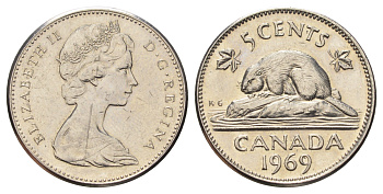 Канада 5 центов 1969 Елизавета II (1952-2022), бобр KM 60.1 никель aUNC 4689-361