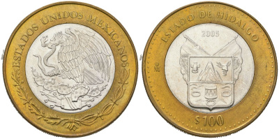 Мексика 100 песо 2005 180 лет Федерации - Идальго KM 717 биметалл, серебро BU 00-00