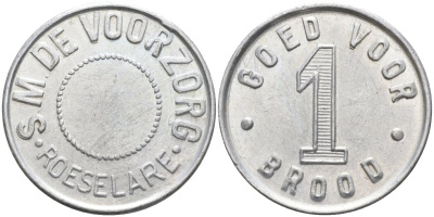 Бельгия токен, жетон 1930-1939 S. M. DE VOORZORG·, 1 BROODEN, GOED VOOR, диаметр 24 мм., ГОРОД РОСЕЛАРЕ, ЭКВИВАЛЕНТ 1 БУХАНКИ ХЛЕБА алюминий 38-526