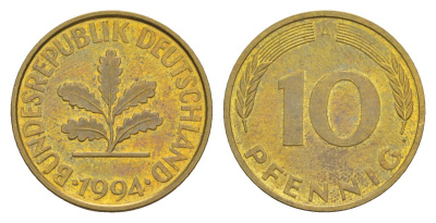 Германия 10 пфеннигов 1994 A KM 108, J. 383 сталь плакированная латунью UNC 4627-132