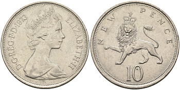 Великобритания 10 пенсов 1973 Елизавета II (1952-2022) KM 912, Spink 4231 (F1) медно-никель 4683-425