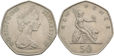 Великобритания 50 пенсов 1969 Елизавета II (1952-2022) KM 913, Spink 4223 (H1) медно-никель 4150-737
