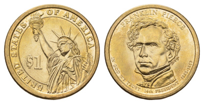 США 1 доллар 2010 P, Президент США - Франклин Пирс (1853-1857) KM 476 медь с марганцево-латунным покрытием UNC 4698-931