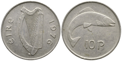 ИРЛАНДИЯ 10 ПЕНСОВ 1976 ЛОСОСЬ KM 23 медно-никель 4110-443