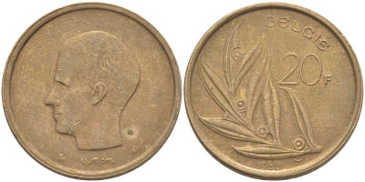 БЕЛЬГИЯ 20 ФРАНКОВ 1982 BELGIE, БОДУЭН I (1951-1993) KM 160 никель бронза 115-735