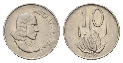 ЮАР 10 центов 1966 Ян ван Рибек (1619-1677), South Africa, легенда на африкаанс, цветок алоэ KM 68.1 никель 4687-328