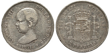 Испания 5 песет 1891 PG-M, Альфонсо XIII (1886-1931) KM 689 серебро 1067-1-45