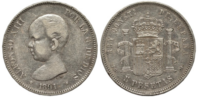 Испания 5 песет 1891 PG-M, Альфонсо XIII (1886-1931) KM 689 серебро 1067-1-45