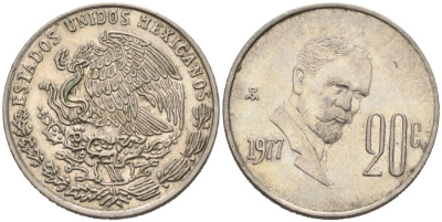 Мексика 20 сентаво 1977 Франциско Индалеси KM 442 медно-никель 4567-333