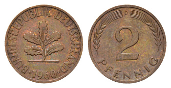 ФРГ 2 пфеннига 1960 D KM 106, J. 381 бронза 4532-748