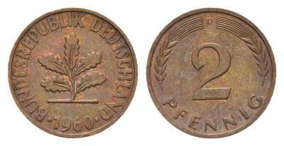 ФРГ 2 пфеннига 1960 D KM 106, J. 381 бронза 4532-748