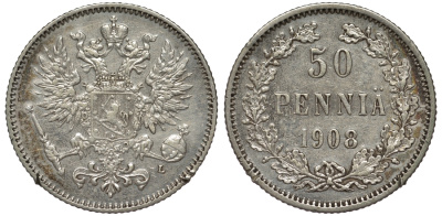 Россия для Финляндии 50 пенни 1908 L, Николай II (1894-1917) КМ 2.2, Биткин 403 серебро 75-841