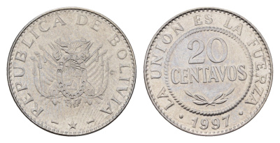 Боливия 20 сентаво 1997 KM 203 нержавеющая сталь UNC 181-212