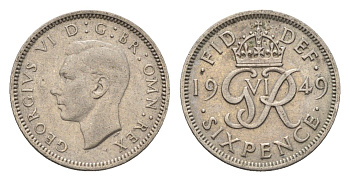 Великобритания 6 пенсов 1949 Георг VI (1936-1952) KM 875, Spink 4110 медно-никель 4697-957