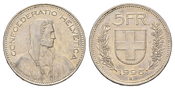 Швейцария 5 франков 1996 B KM 40a.4 медно-никель 4526-431
