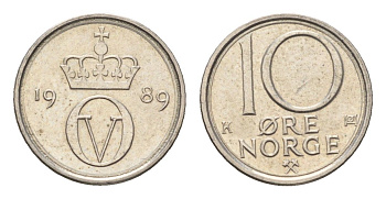 Норвегия 10 эре 1989 Улаф V (1957-1991) KM 416 медно-никель UNC 4684-732