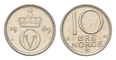Норвегия 10 эре 1989 Улаф V (1957-1991) KM 416 медно-никель UNC 4684-732