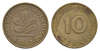 ФРГ 10 пфеннигов 1982 D KM 108, J. 383 сталь плакированная латунью 4684-1214