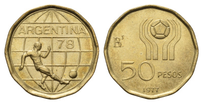 Аргентина 50 песо 1977 Чемпионат мира по футболу, Аргентина 1978 KM 76 алюминиевая бронза UNC 4391-523