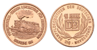 ФРГ медаль из серии 40 лет Bundesbahn (Бундесбан) - Personenzug-Tender-lokomotive fur Nebenbahnen (Baureihe 084) 1989 государственные железные дороги, диаметр 18 мм, вес 2,3 гр алюминий плакированный медью UNC 4685-729