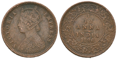 Британская Индия 1/12 анна 1886 Виктория (1837-1901) KM 483 медь 4615-236