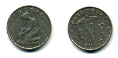 БЕЛЬГИЯ 1 ФРАНК 1922 BELGIE KM 90 никель 58-1221