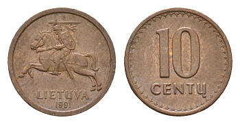 Литва 10 центов (сентов) 1991 год-тип KM 88 бронза 4689-1055