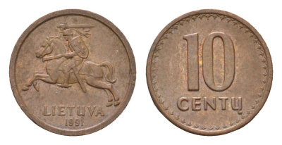Литва 10 центов (сентов) 1991 год-тип KM 88 бронза 4689-1055