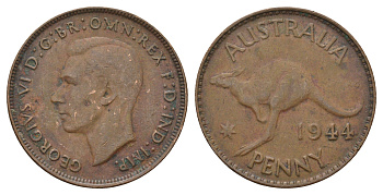 Австралия 1 пенни 1944 Георг VI (1936-1952), кенгуру KM 36 бронза 4557-145