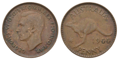 Австралия 1 пенни 1944 Георг VI (1936-1952), кенгуру KM 36 бронза 4557-145