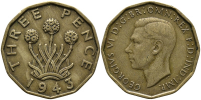 Великобритания 3 пенса 1943 Георг VI (1936-1952) KM 849, Spink 4112 никель латунь 3459-146