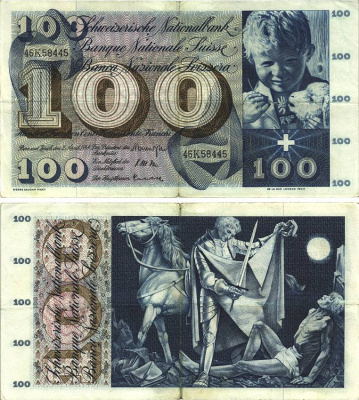 Швейцария 100 франков 1964 2 апреля 1964, серия 46 K, подпись 41 Pick 49 f бумага 8606-20-1-2