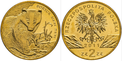 Польша 2 злотых 2011 MW, серия всемирная природа, барсук KM 762 нордик UNC 4511-545