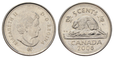 Канада 5 центов 2006 Leaf, Елизавета II (1952-2022), бобр KM 491 сталь плакированная никелем UNC 4689-463