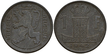 Бельгия 1 франк 1942 Belgique - Belgie, Леопольд III (1934-1947), германская оккупация, Вторая мировая война KM 127 цинк 4161-434