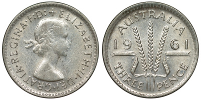 Австралия 3 пенса 1961 m, Елизавета II (1952-2022) KM 57 серебро 71-812