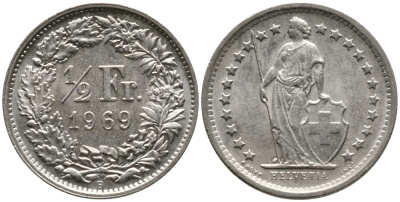 Швейцария 1/2 франка 1969 В KM 23а.1 медно-никель 4532-428