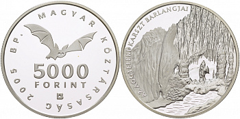 Венгрия 5000 форинтов 2005 карстовые пещеры, тираж 5000 экземпляров KM 782 серебро PROOF 00-00