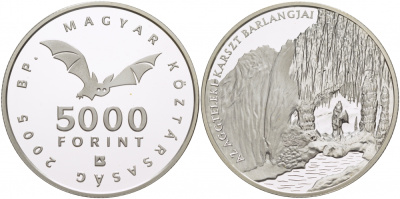 Венгрия 5000 форинтов 2005 карстовые пещеры, тираж 5000 экземпляров KM 782 серебро PROOF 00-00