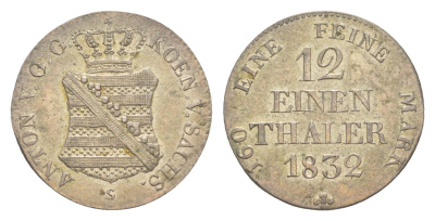 Саксония 1/12 талера 1832 S, Антон I (1827-1836) KM?1117, AKS?76 серебро 1526-943