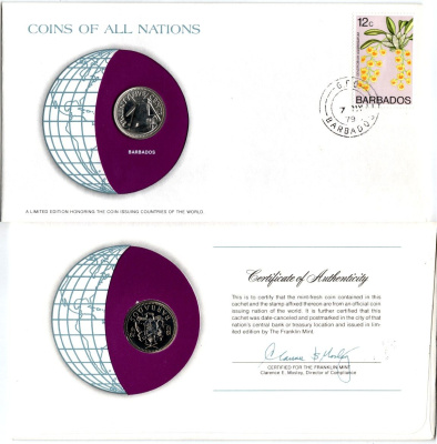 Барбадос 25 центов 1979 конверт с маркой первого дня гашения, Coins of Nations KM 13 медно-никель BU 9-1-01-78
