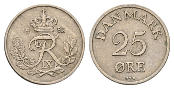 Дания 25 эре 1952 N.S, Фредерик IX (1947-1972) KM 842 медно-никель 4700-911