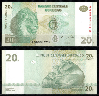 ДР Конго 20 франков 2003 Pick 94 A бумага UNC (пресс) 7199-5-1