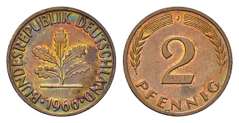 ФРГ 2 пфеннига 1966 J KM 106, J. 381 бронза 3458-648