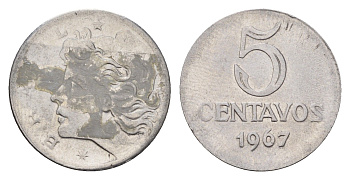 Бразилия 5 сентаво 1967 год-тип KM 577.1 нержавеющая сталь 4687-1028