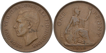 Великобритания 1 пенни 1938 Георг VI (1936-1952) KM 845, Spink 4114 бронза 4112-725