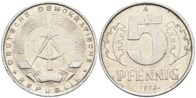 ГДР 5 пфеннигов 1972 А KM 9.1 алюминий 4588-269